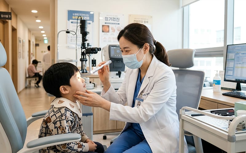A clinician closely examining a child’s eyes in an ophthalmology clinic