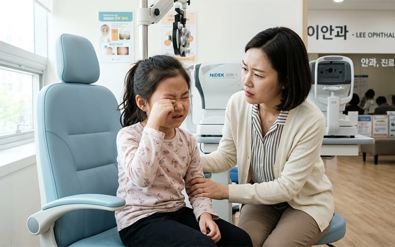 A child squinting and rubbing their eyes at an eye clinic with worried parents