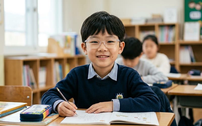 An early elementary school child wearing glasses