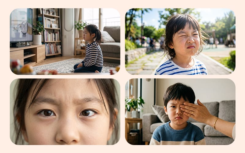 An infographic showing 4 warning signs of pediatric vision problems to watch for at home