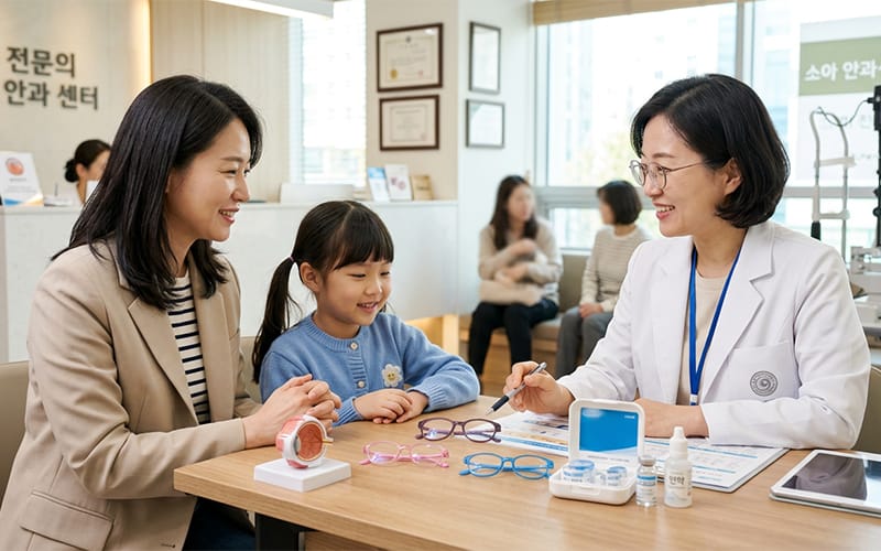 Parents and a child consulting with a doctor at an eye clinic