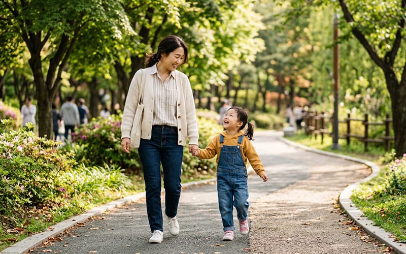 A child enjoying a walk outdoors with their parents