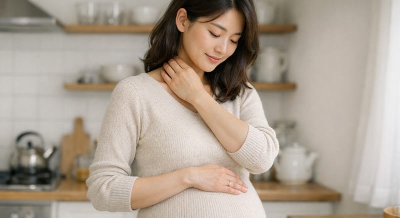 A pregnant woman with her hands placed on her belly