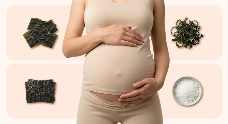 임산부의 배 주변 네 모서리에 각각 놓인 다시마, 미역, 김, 소금. 요오드 과잉을 유발할 수 있는 식품들