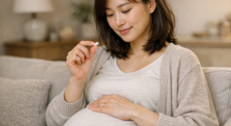A smiling pregnant woman holding a small pill, representing thyroid medication safe during pregnancy
