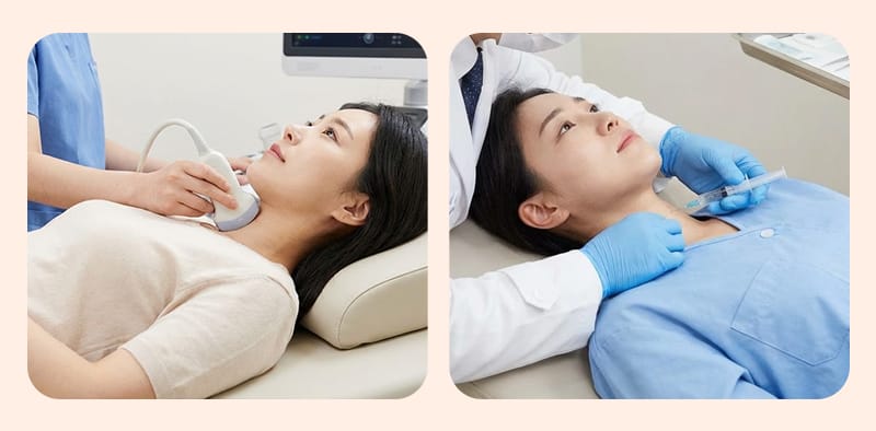 An image comparing a thyroid ultrasound with a cell or tissue biopsy
