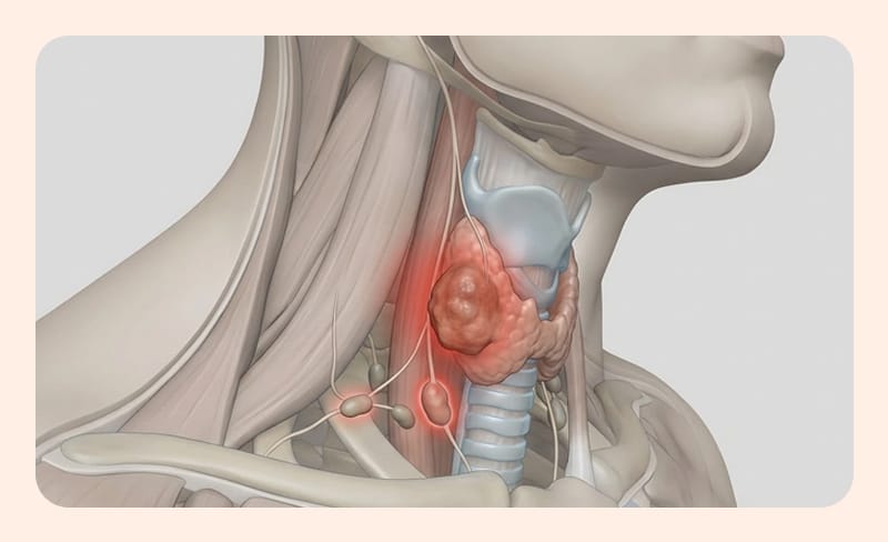 An illustration showing a tumor near the trachea or vocal cord nerve, or suspected lymph node metastasis