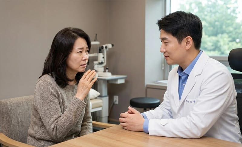 A patient asking questions and a doctor listening attentively