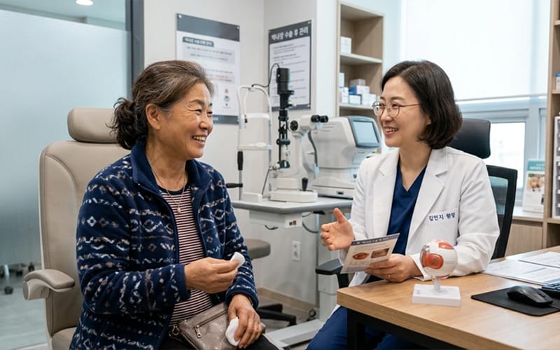 A patient receiving a consultation at an ophthalmology clinic