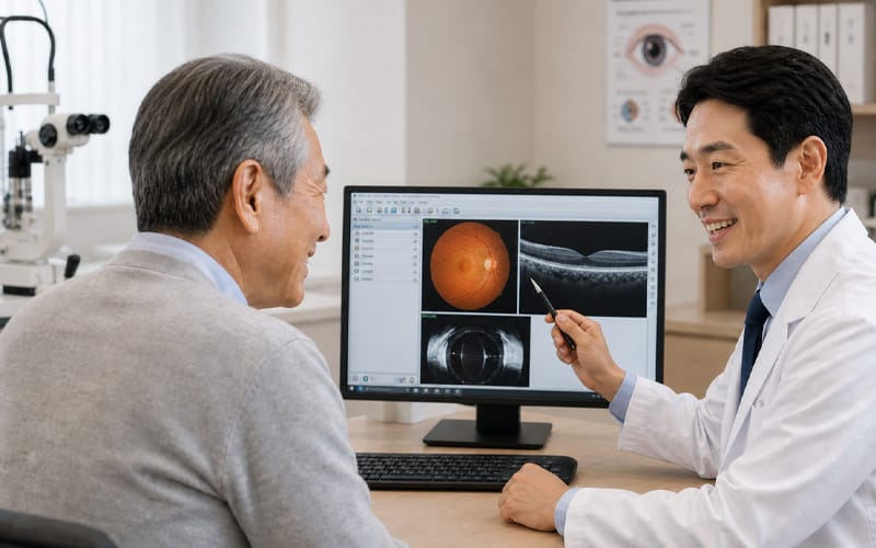 An elderly patient during a consultation at an eye clinic