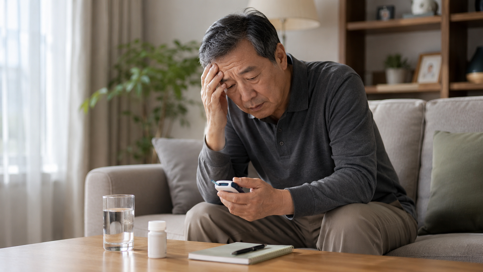 An elderly patient checking their blood glucose test results