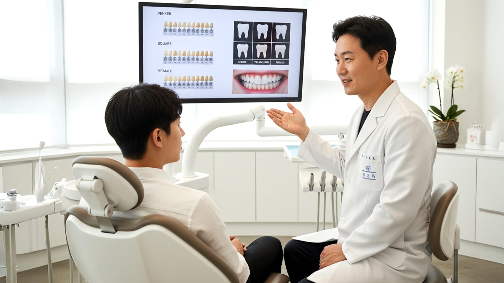 치과에서 라미네이트 상담을 받고 있는 사람