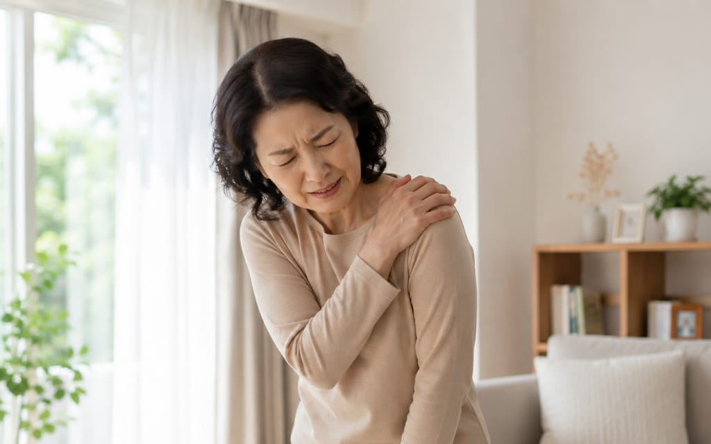 A middle-aged woman suffering from shoulder pain