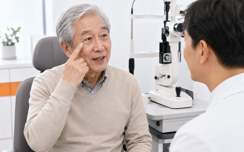 안과 상담실에서 눈을 가리키며 의료진에게 말을 하고 있는 고령 환자