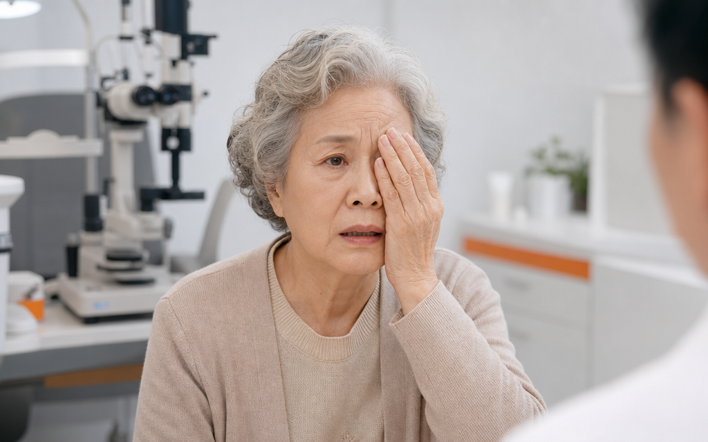 An elderly patient covering one eye with their hand and looking worried