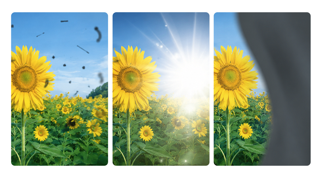Three images showing the visual symptoms of eye floaters, photopsia, and curtain-like vision loss