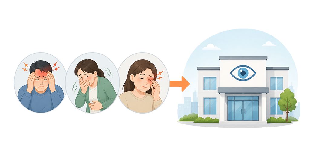 An infographic showing warning signs that require an immediate visit to an eye clinic