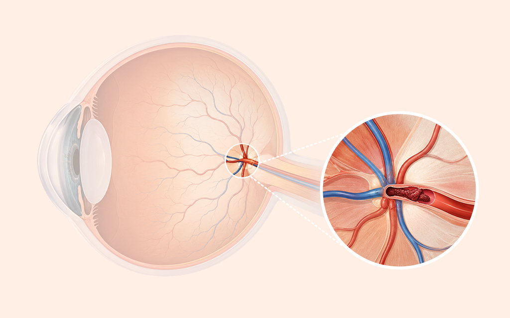 A medical illustration showing a blood clot formed in a retinal artery