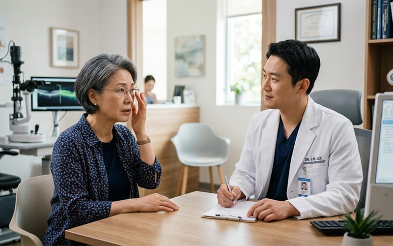 An elderly patient wearing glasses expressing discomfort to a doctor in an eye clinic
