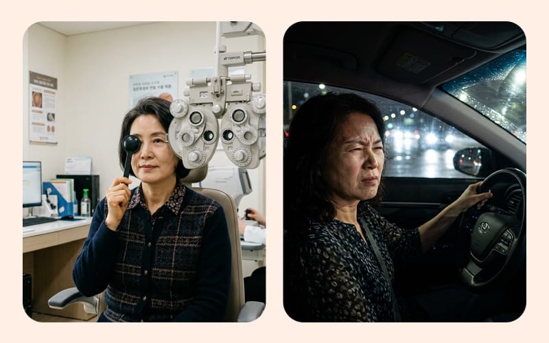 A split image of an elderly patient having a vision test and another experiencing glare while driving at night