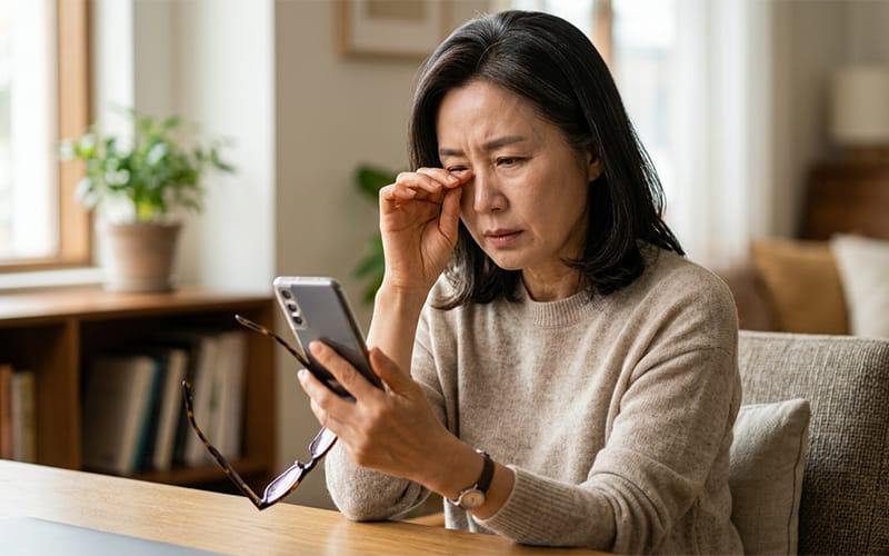 An elderly patient rubbing their eyes while looking at a smartphone, holding reading glasses in one hand