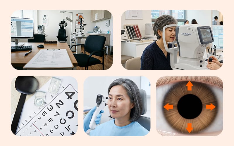 An infographic showing the 5 core pillars of a cataract examination