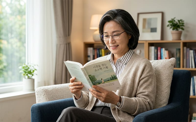 An elderly patient wearing reading glasses and reading a book