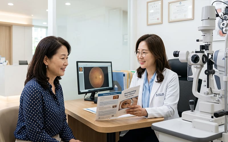 A doctor consulting with a patient next to diagnostic equipment in an eye clinic