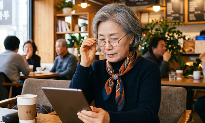 An elderly patient looking up cataract surgery information on a tablet PC