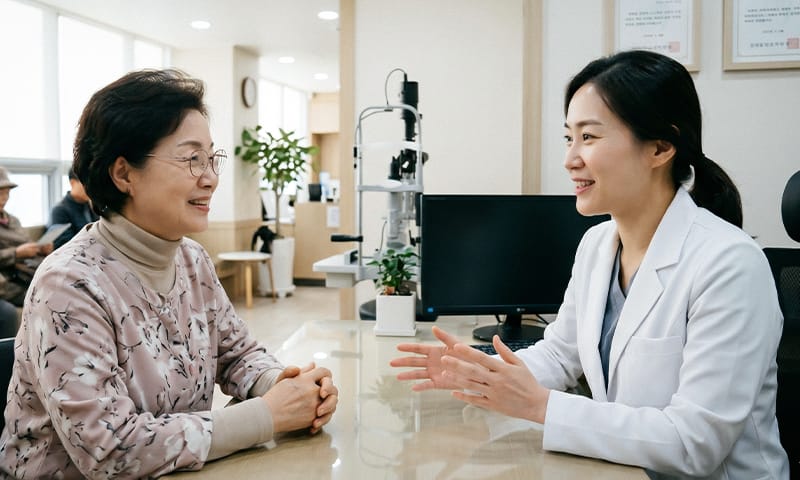 An elderly patient calmly consulting with medical staff about anesthesia options at an eye clinic