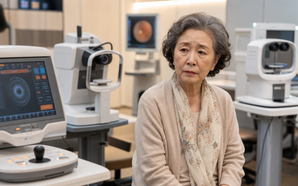 An elderly patient feeling fatigued from repeated pre-operative eye examinations at an ophthalmology clinic