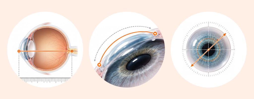 An infographic illustrating three essential biometry parameters used to calculate intraocular lens (IOL) power