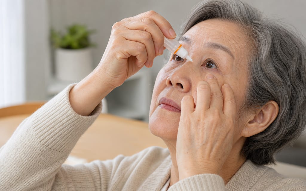 An elderly patient administering eye drops to stabilize the tear film before eye measurements