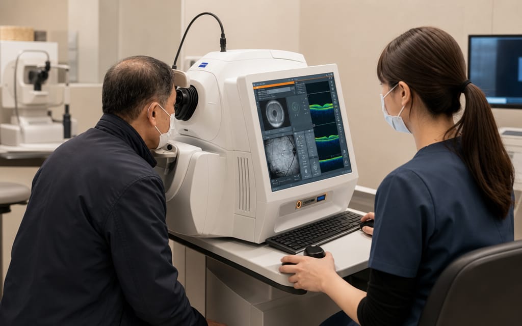 An elderly patient undergoing optical coherence tomography (OCT) scanning for a retinal evaluation