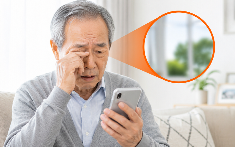 An elderly patient rubbing their eyes and looking worried while looking at a smartphone