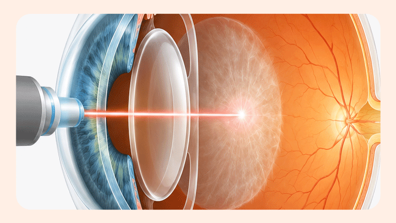An illustration showing a YAG laser being applied to a cloudy posterior capsule, creating an opening for light to pass through