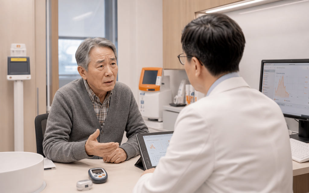 An elderly diabetic patient talking to medical staff with an anxious expression in an internal medicine clinic