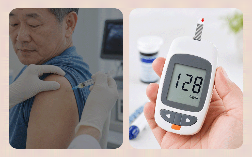 An infographic showing that blood glucose levels can temporarily spike after receiving joint injections