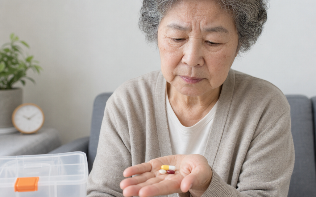An elderly patient holding pills in their hand and hesitating whether to take them