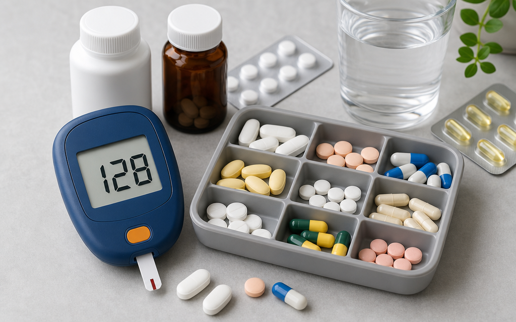 An image showing various types of pills next to a blood glucose meter