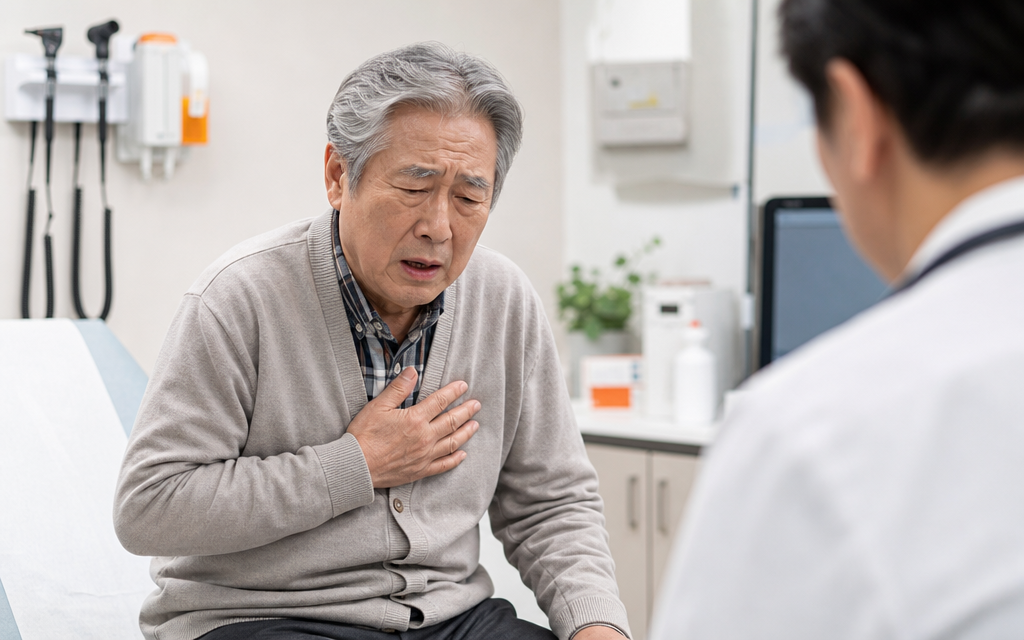An elderly patient clutching their chest and looking short of breath in an internal medicine clinic