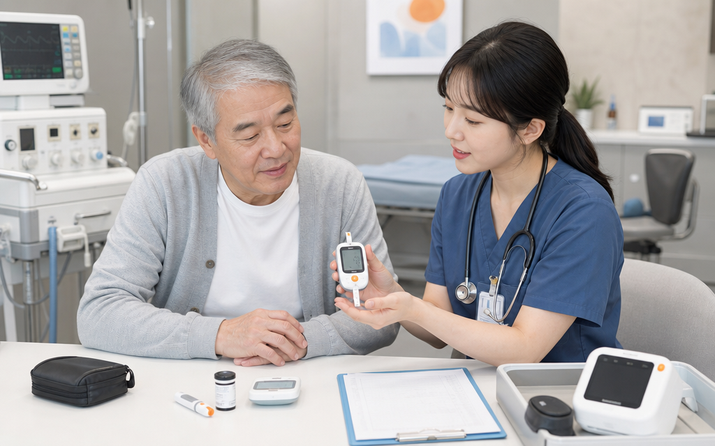 An elderly patient undergoing a diabetes screening test with medical staff at a hospital