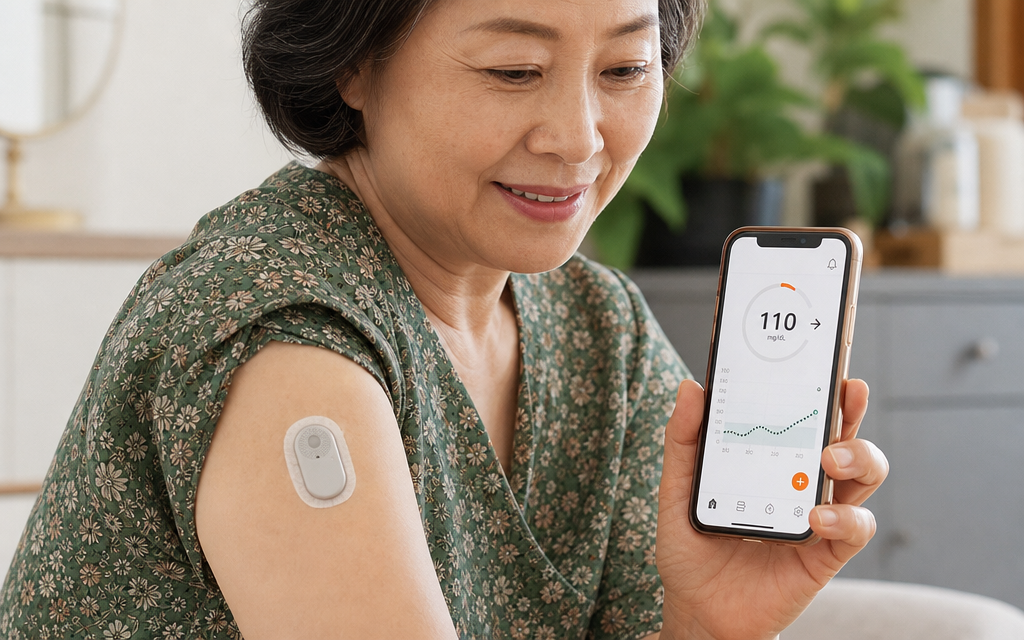 A person checking their blood sugar levels using a continuous glucose monitor (CGM) attached to their arm