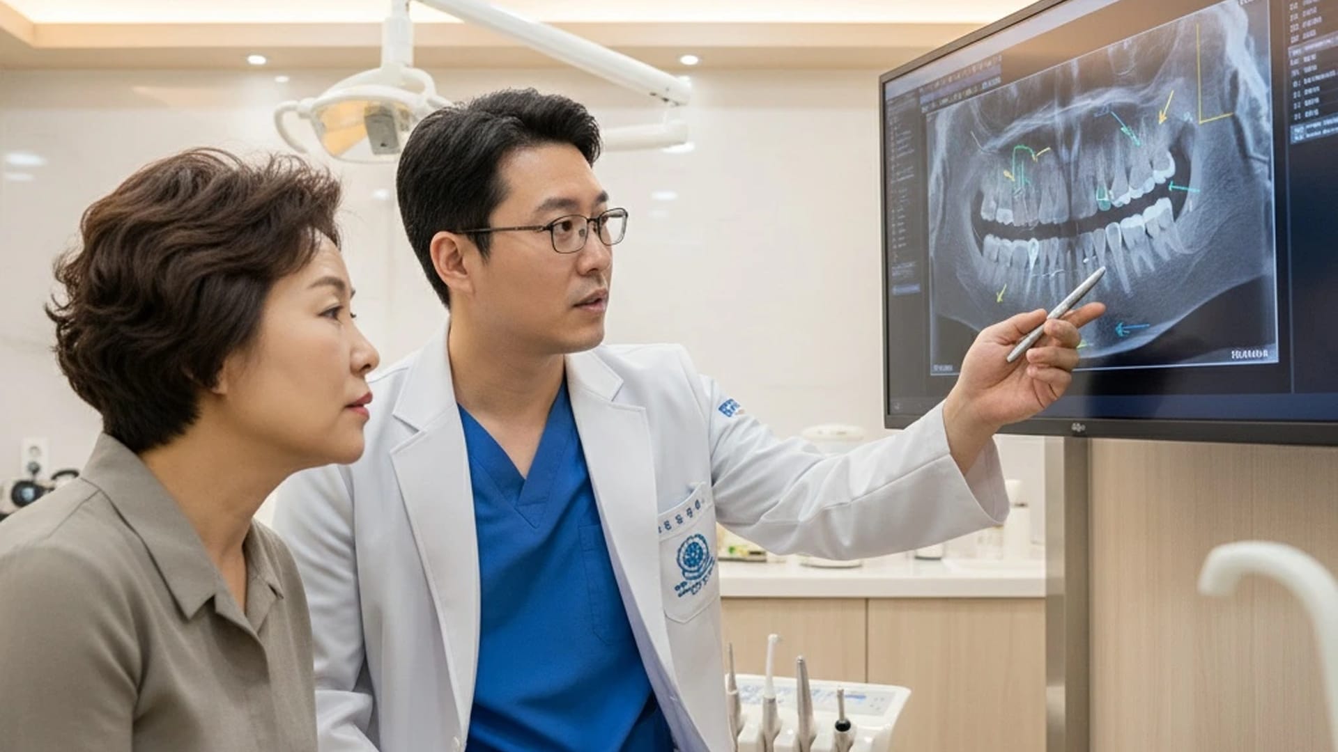 A scene showing the medical team explaining to the patient while showing an X-ray