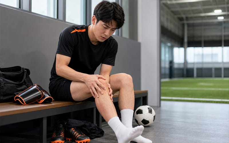 축구가 취미인 2030 남성이 무릎 부상으로 울적해 하고 있는 모습