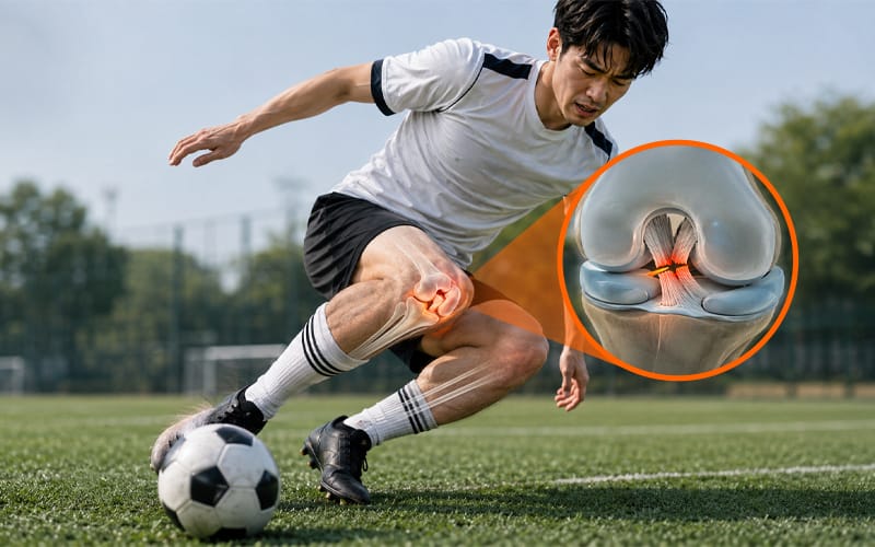 축구를 할 때 인대가 끊어지는 모습을 나타낸 이미지