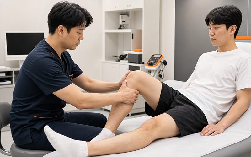 의료진이 환자의 종아리를 당기거나 무릎을 흔들며, 신체 진찰을 하는 장면