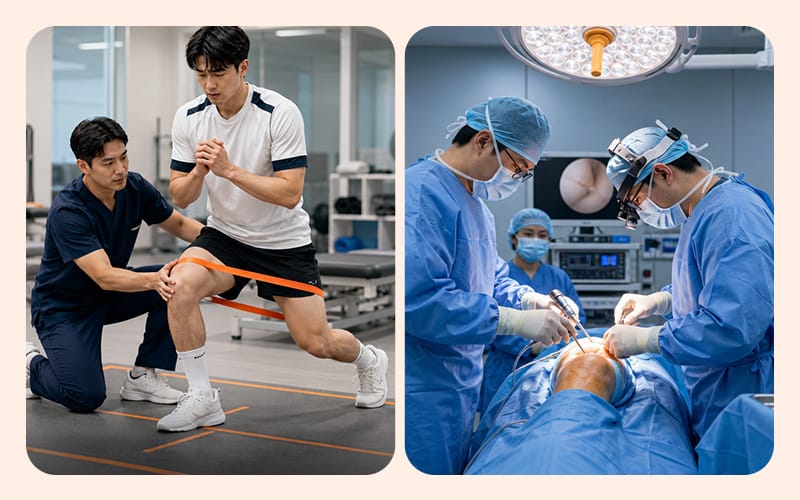 재활치료와 무릎 수술의 두 가지 대안을 보여주는 이미지