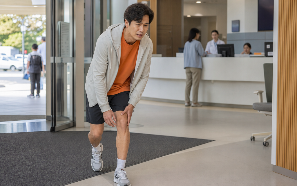 무릎 부상으로 다리를 절뚝 거리며, 병원에 들어오는 환자의 모습