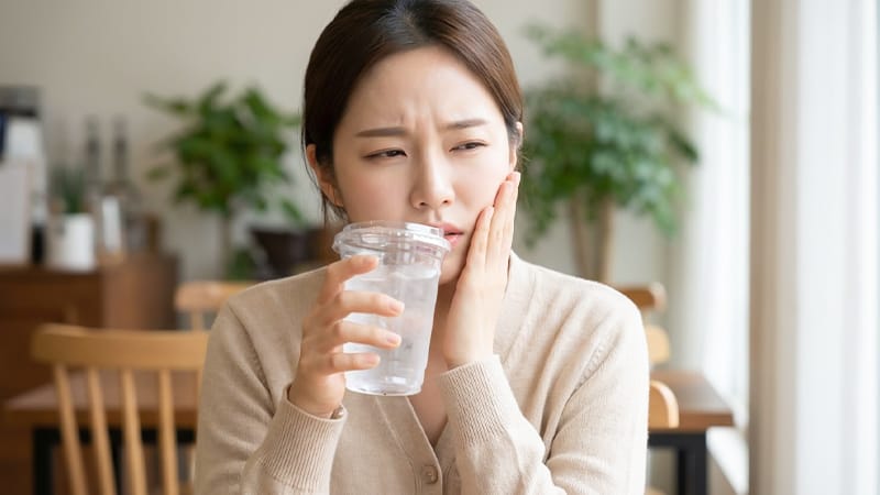 물을 마신 후 이시림을 느끼고 있는 2030 여성